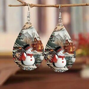 Wooden Christmas SNOWMAN Dangle Earrings